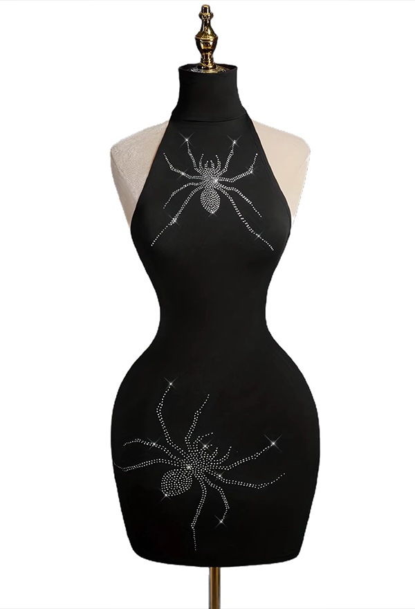 Gothic Black Rhinestone Spider Embellished Halter Backless Dress Dark Style Bodycon Mini Dress
